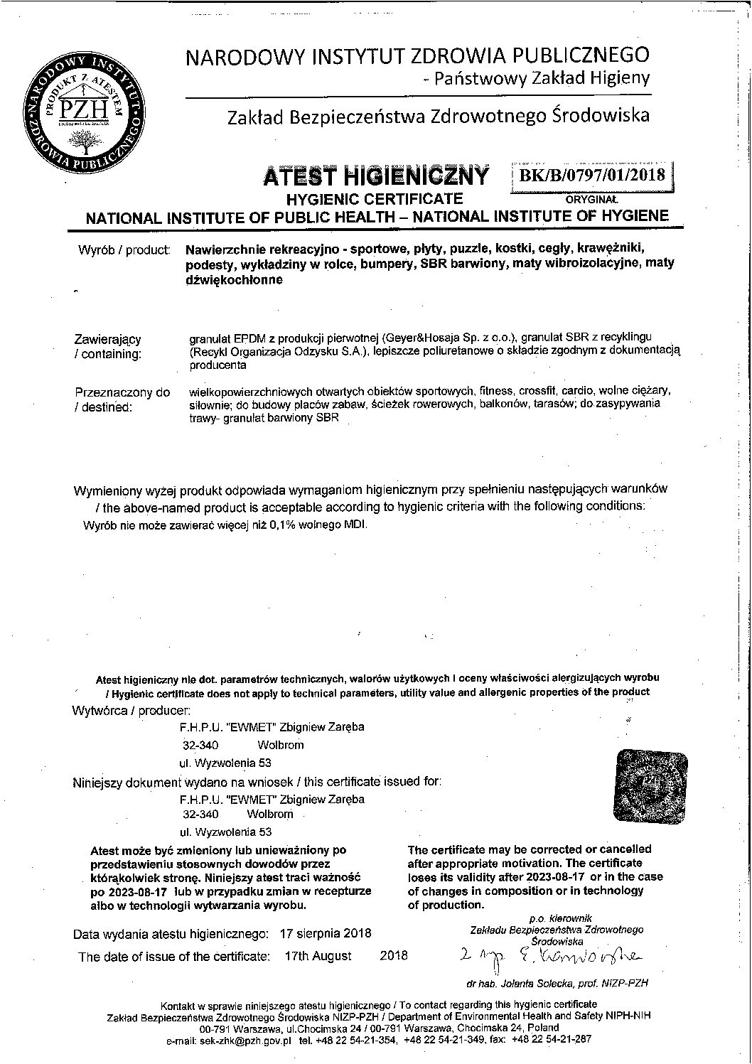 Hygienic Certificate